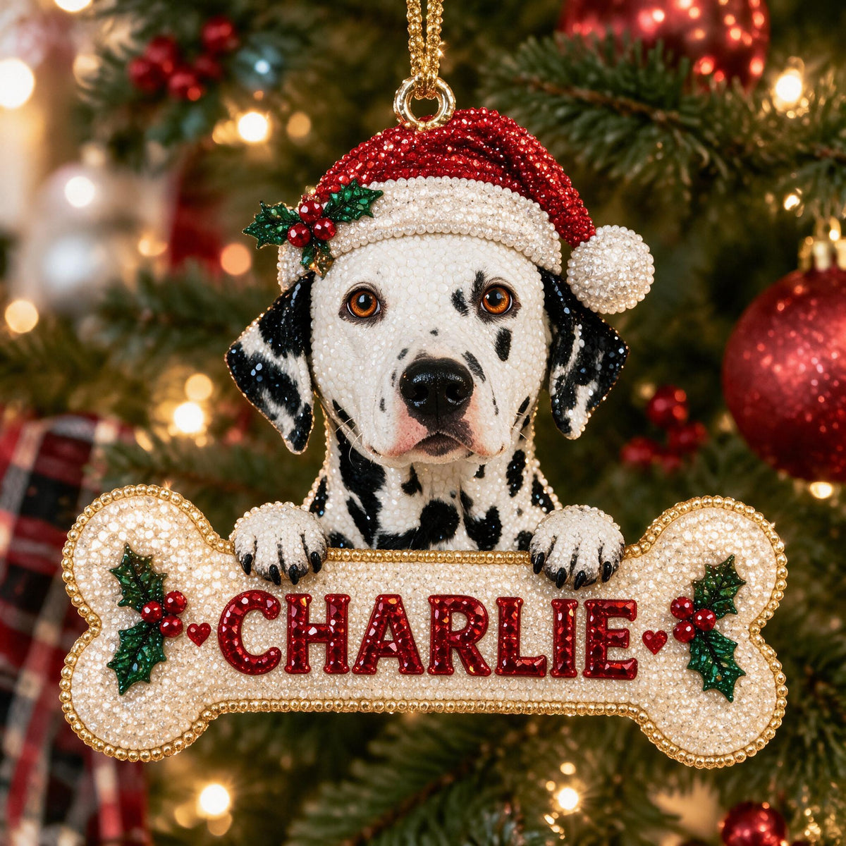 Personalized Christmas Black & White Spotted Dalmatian Diamond Painting Ornament Kit