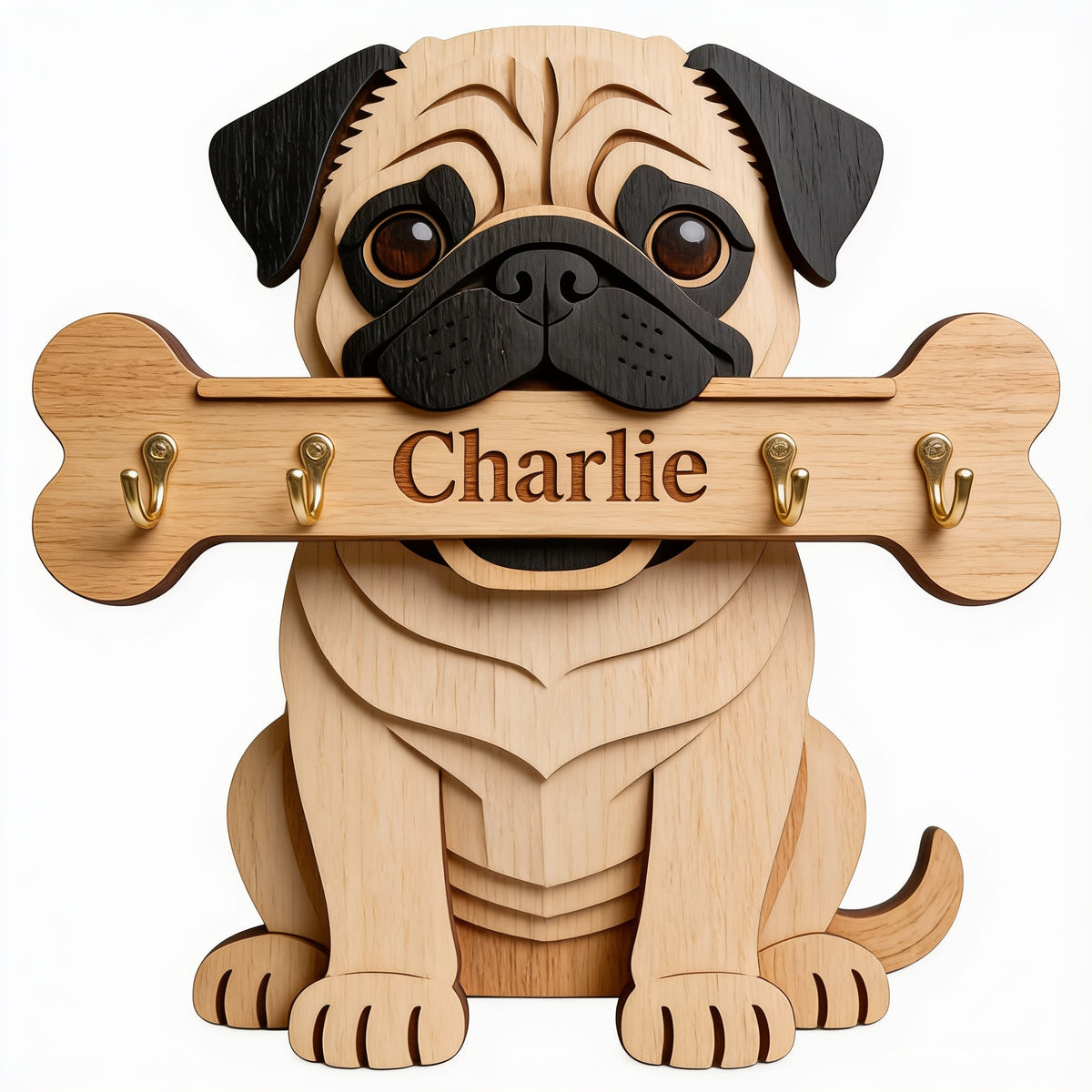 Porte-clés en bois personnalisé avec un fauve carlin - Cadeau pour amoureux des chiens