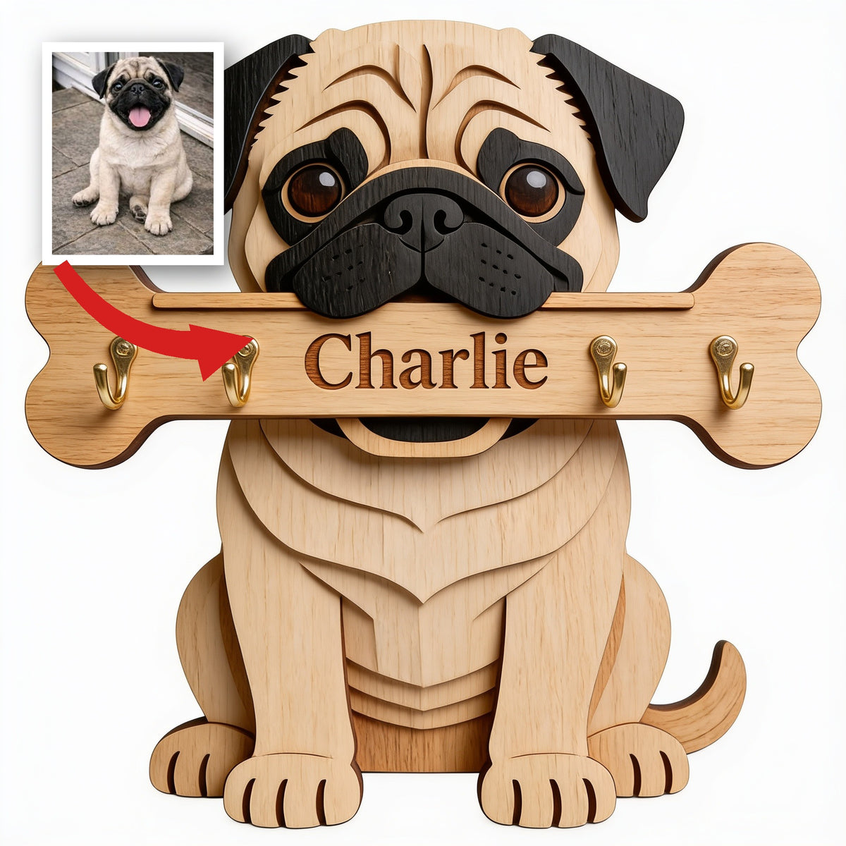 Porte-clés en bois personnalisé avec un fauve carlin - Cadeau pour amoureux des chiens