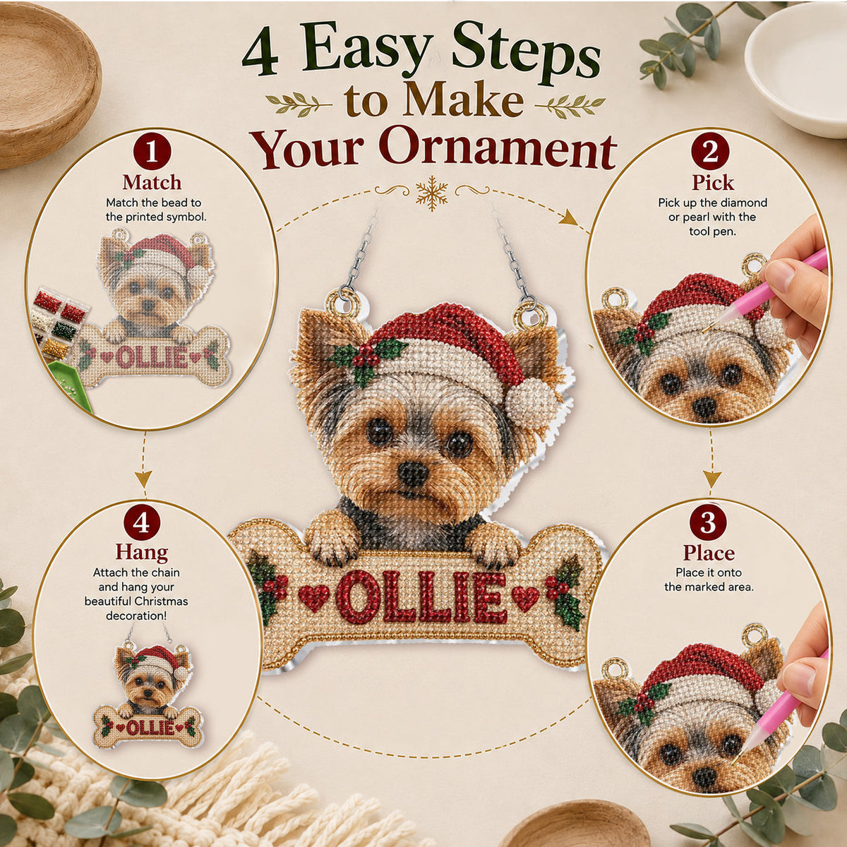 Personalized Christmas Fluffy Golden Tan Pomeranian Diamond Painting Ornament Kit