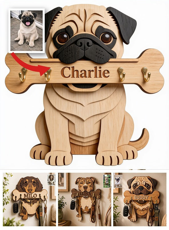 Porte-clés en bois personnalisé avec un fauve carlin - Cadeau pour amoureux des chiens