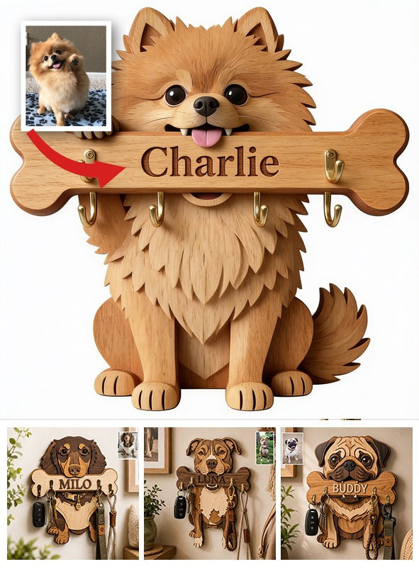 Personalized Fluffy Golden Tan Pomeranian Wooden Key Rack Dog Lover Gift