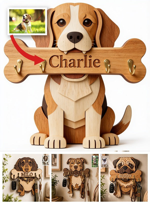 Personalized Tricolor Adult Beagle Shaped Wooden Key Rack Pet Lover Gift