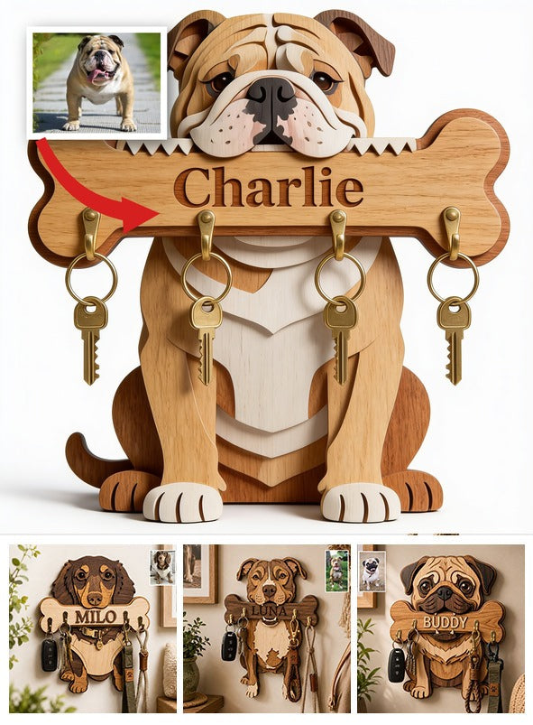 Personalisierter Fawn und Weißer Bulldoggen Holzschlüsselhalter Geschenk für Hundeliebhaber
