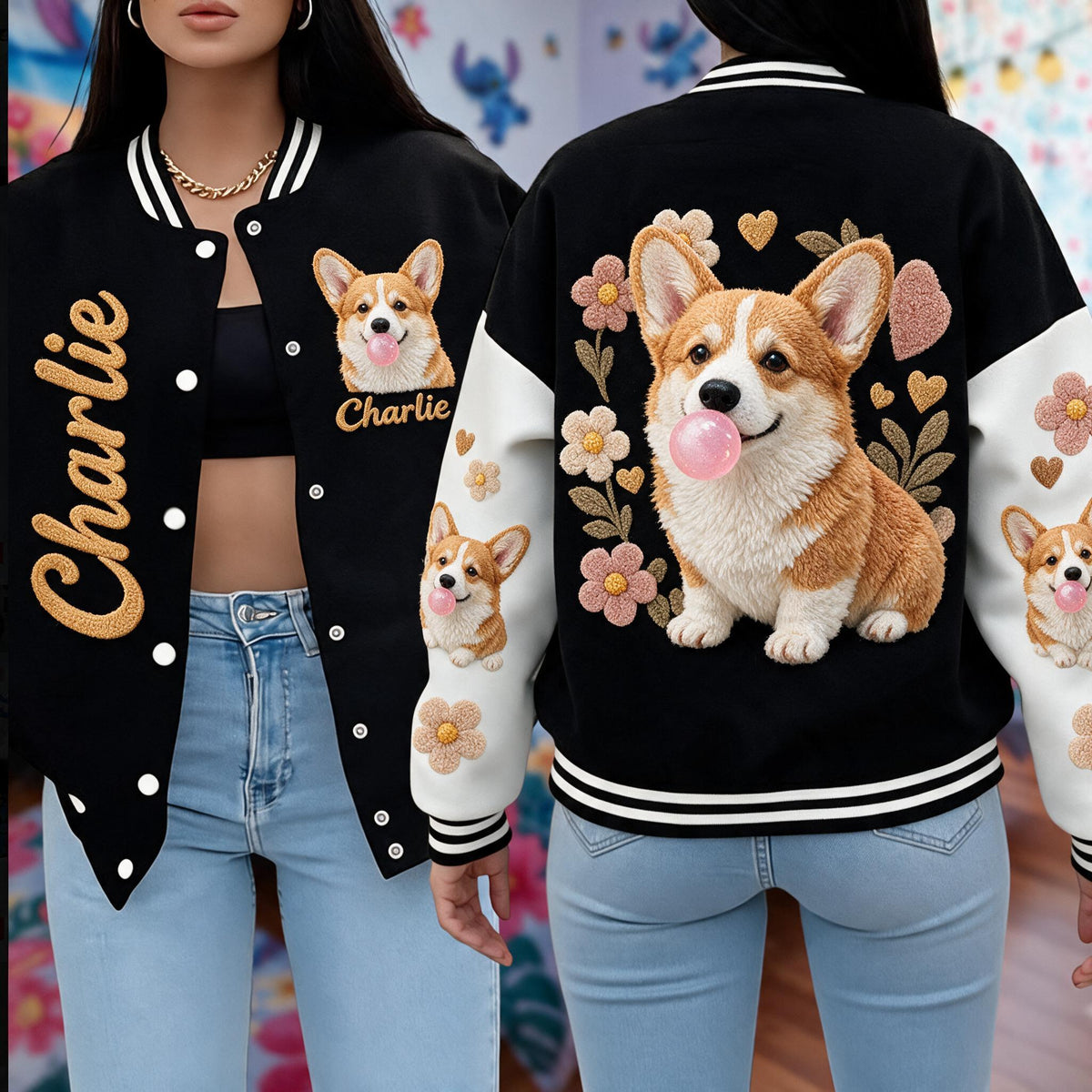 Personalized Adult Tan and White Pembroke Welsh Corgi Varsity Jacket