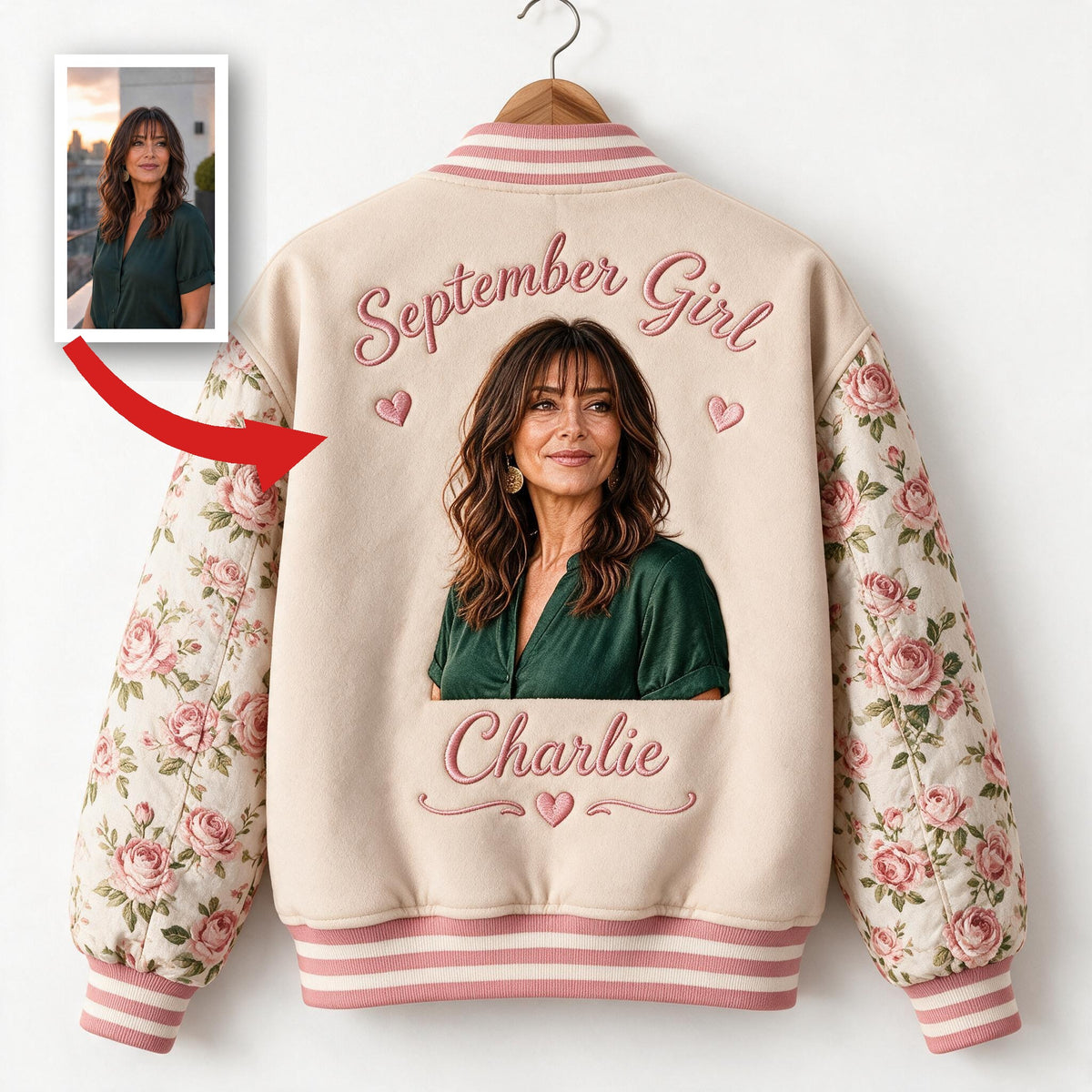 Personalisierte Blumen Varsity Jacke für Mittelalte Latina Frau