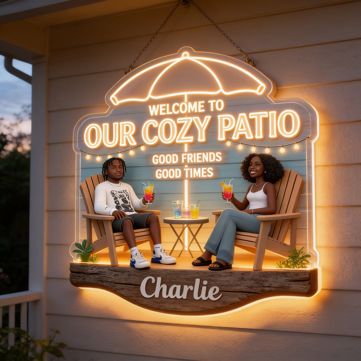 Personalized Black Couple Patio LED Light Acrylic Sign Backyard Decor