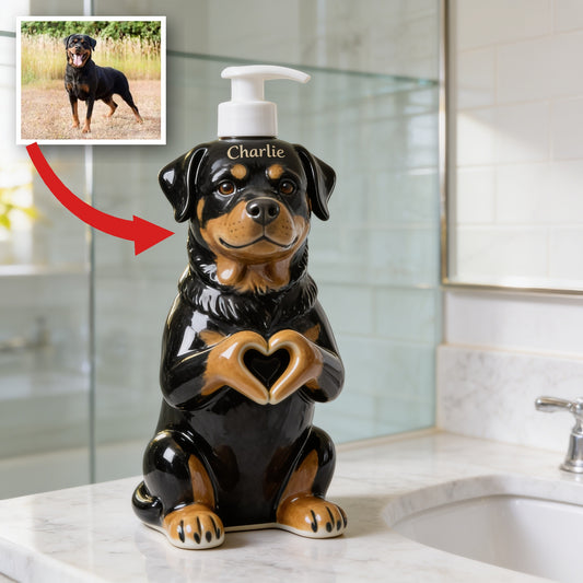 Distributeur de savon Rottweiler noir et feu personnalisé - Cadeau pour amoureux des chiens
