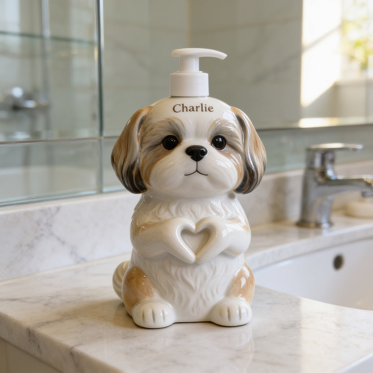 Personalized Fluffy Shih Tzu Soap Dispenser Bathroom Home Decor Gift