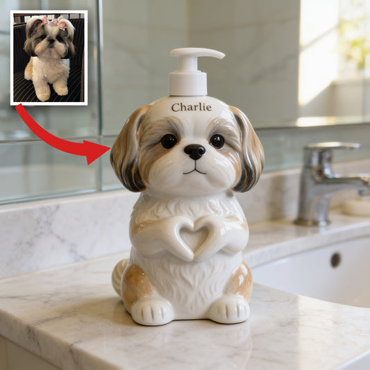 Distributeur de Savon Shih Tzu Fluffy Personnalisé - Décor de Salle de Bain