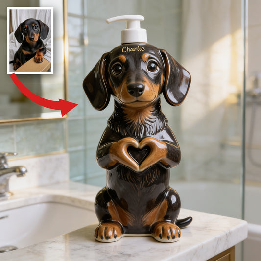 Distributeur de savon personnalisé en forme de chiot teckel noir et feu