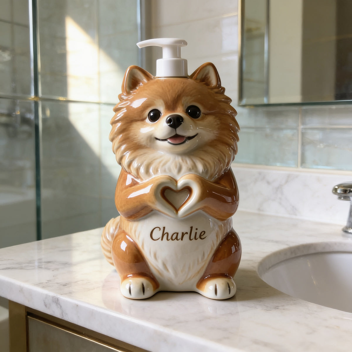 Personalized Fluffy Golden Tan Pomeranian Soap Dispenser Home Decor Gift