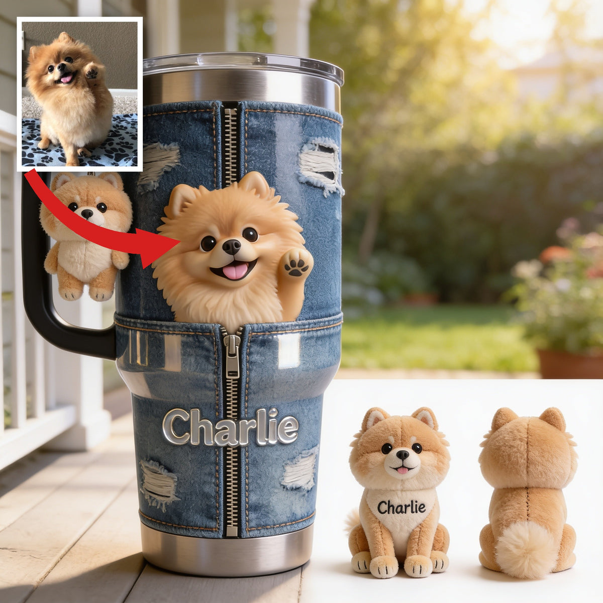 Personalized Fluffy Golden Tan Pomeranian Tumbler With Plush Charm Pet Lover Gift