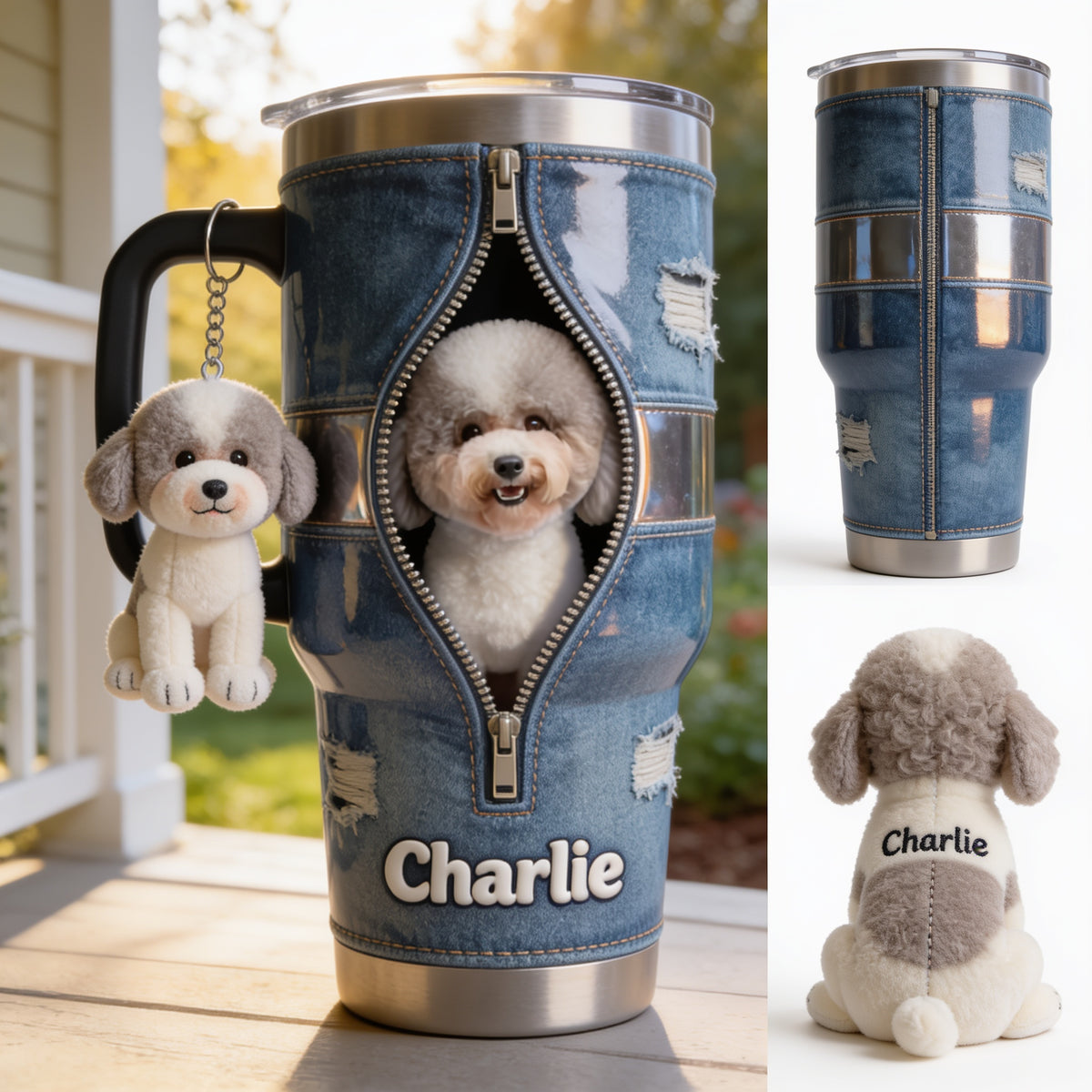 Personalized Adult Curly Fur Poodle Tumbler With Plush Charm Pet Lover Gift