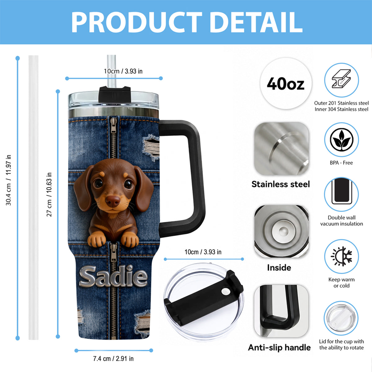 Personalized Black and White French Bulldog Tumbler with Plush Charm