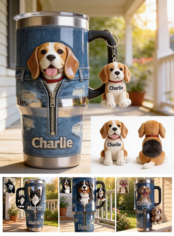Personalized Adult Tricolor Beagle Tumbler With Plush Charm Pet Lover Gift