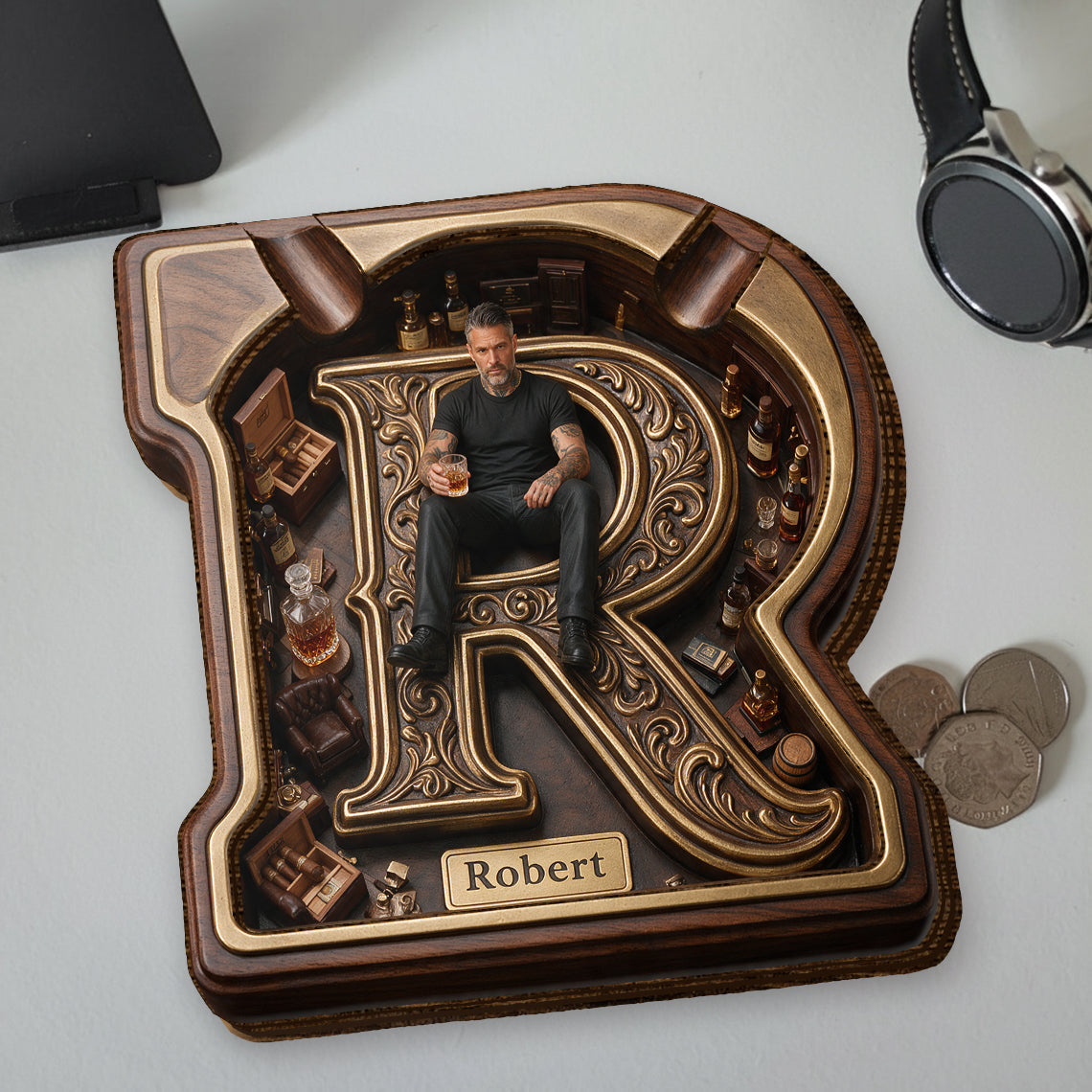 Custom Photo Middle-Aged Black Man Wooden Catch-All Tray, Dad Husband Gift