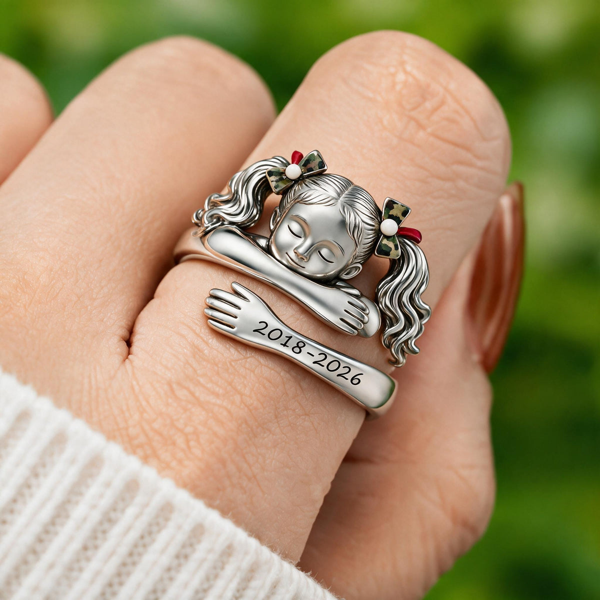Personalized Black Little Girl Hug Adjustable Memorial Ring