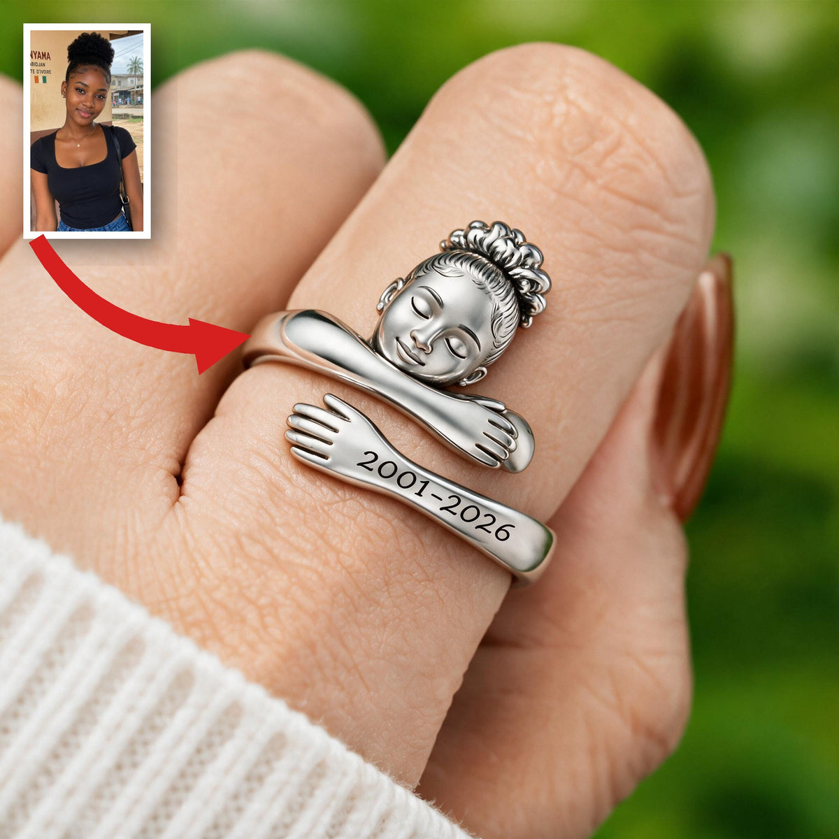 Personalized Black Woman Memorial Hug Adjustable Ring