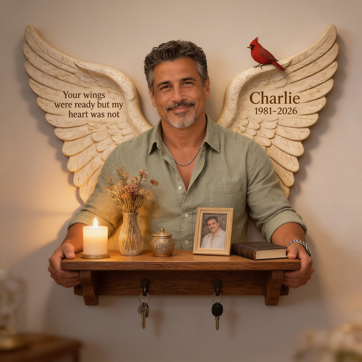 Personalized Middle-Aged Latino Man Memorial Wooden Floating Shelf, Dad Husband Remembrance Gift
