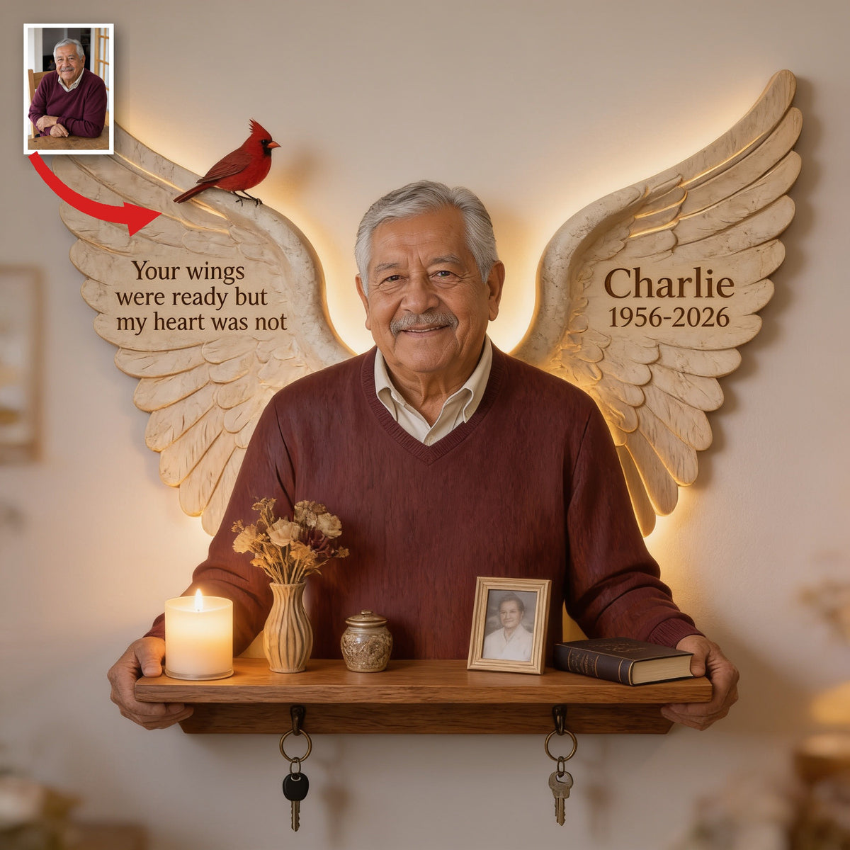 Personalized Older Latino Man Grandfather Memorial Wooden Floating Shelf 1956-2026