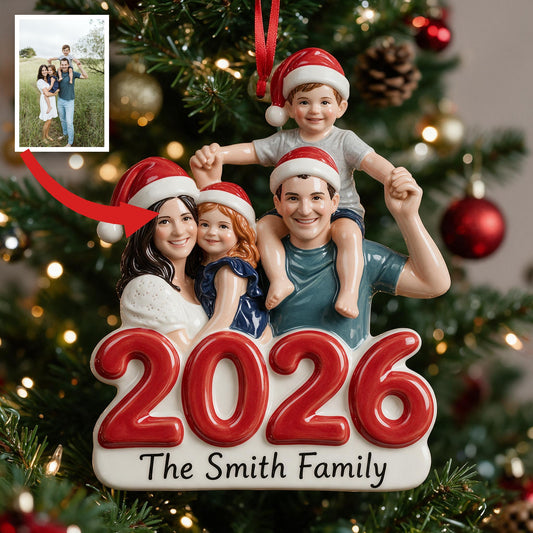 Personalisierte Foto-Weihnachtsfamilie von Vier 2026 Premium 3D Harz Ornament