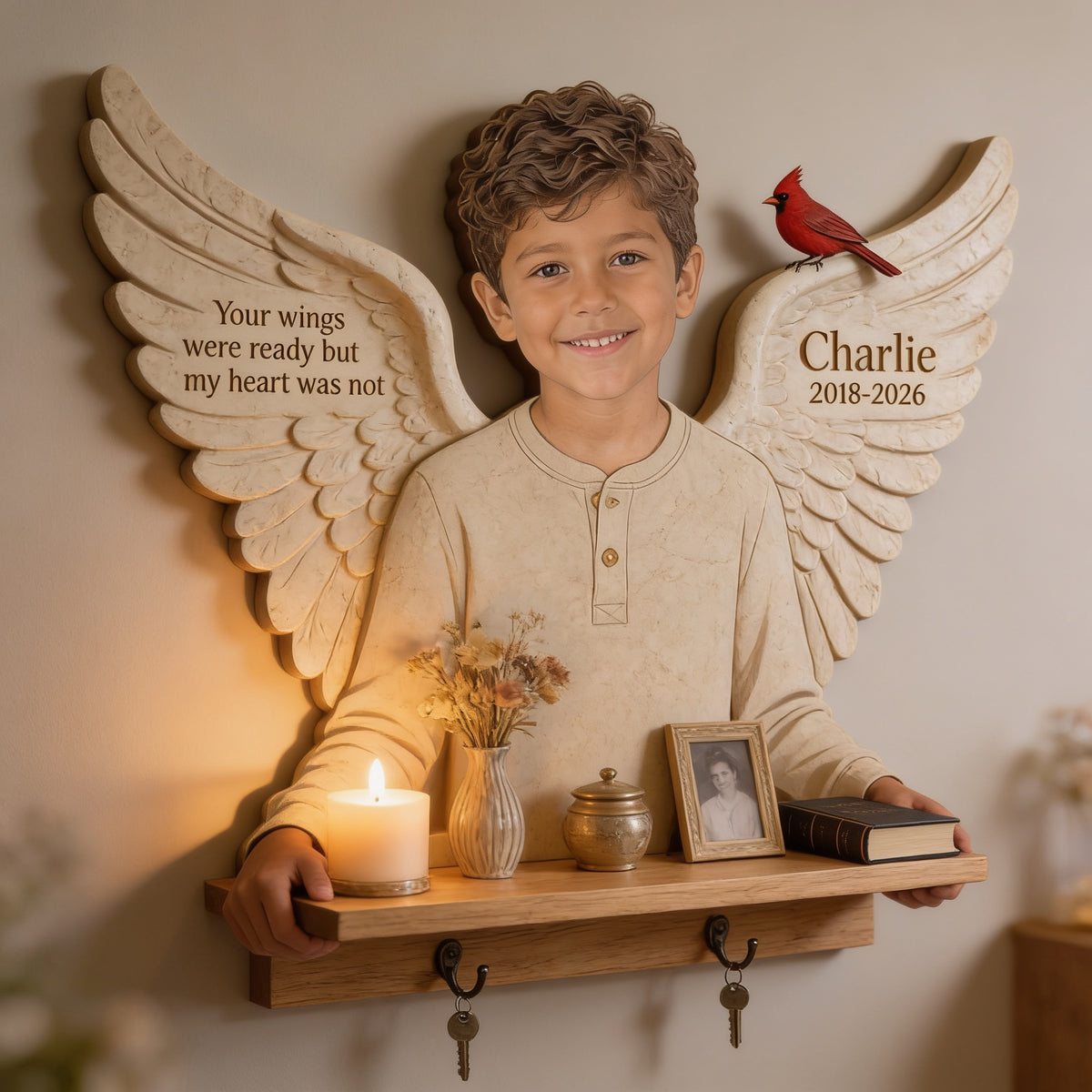 Personalized Latino Little Boy Memorial Wooden Floating Shelf Wall Decor