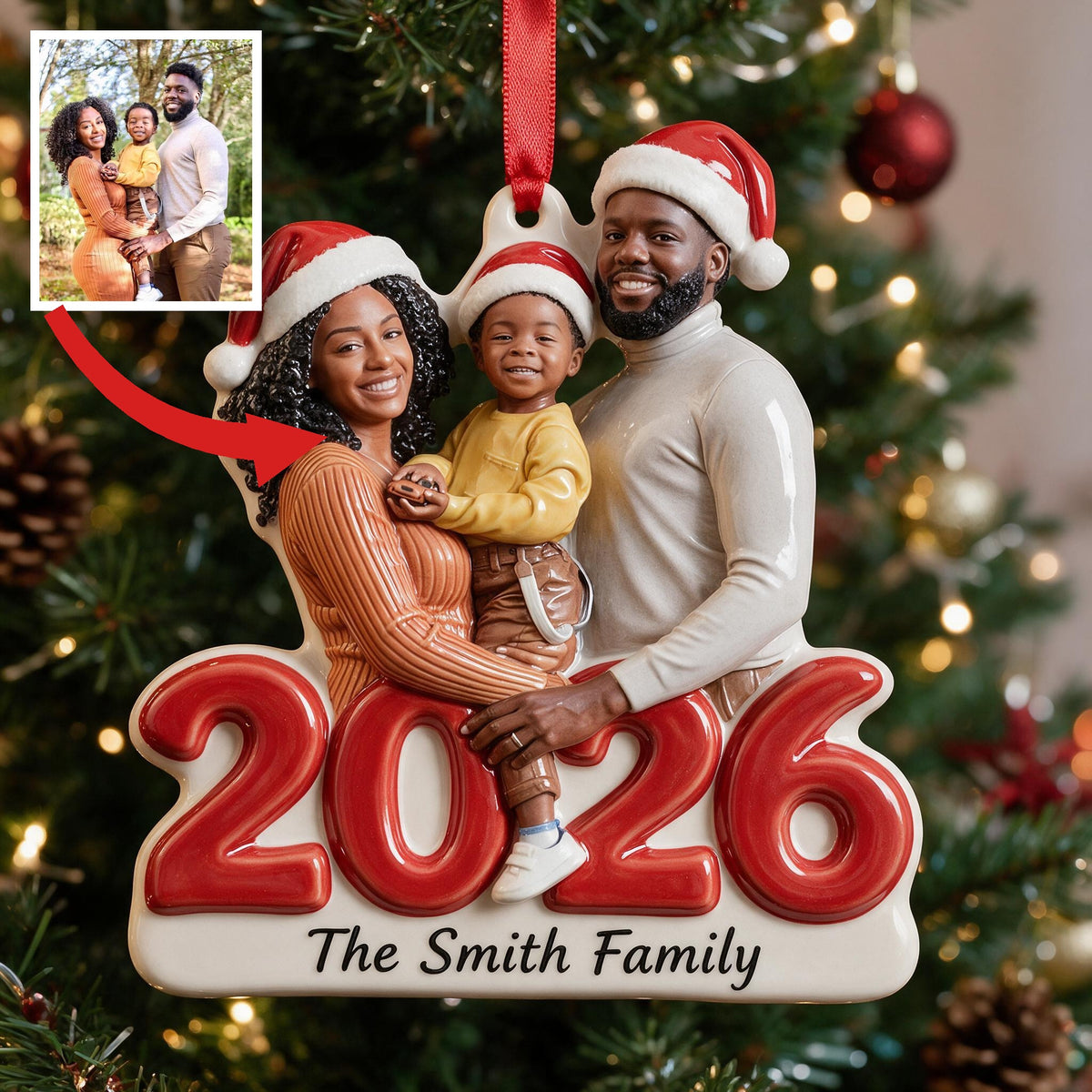 Custom Photo 2026 Christmas Black Family Of Three 3D Resin Ornament