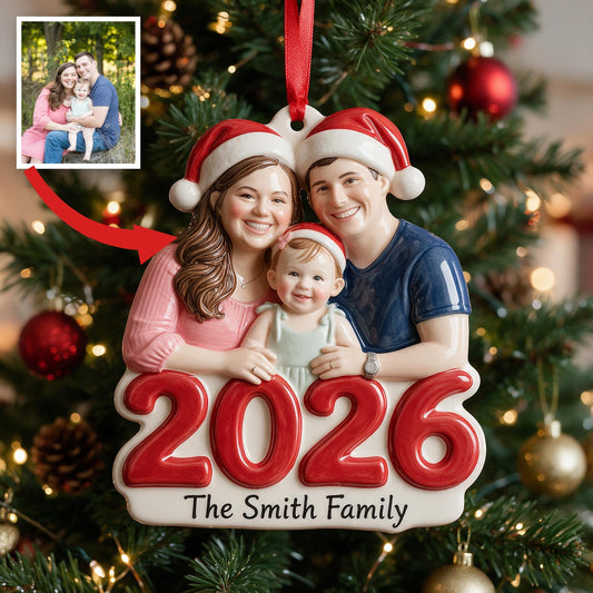 Personalisierte Foto 2026 Familie von Drei Premium 3D Weihnachtsornament