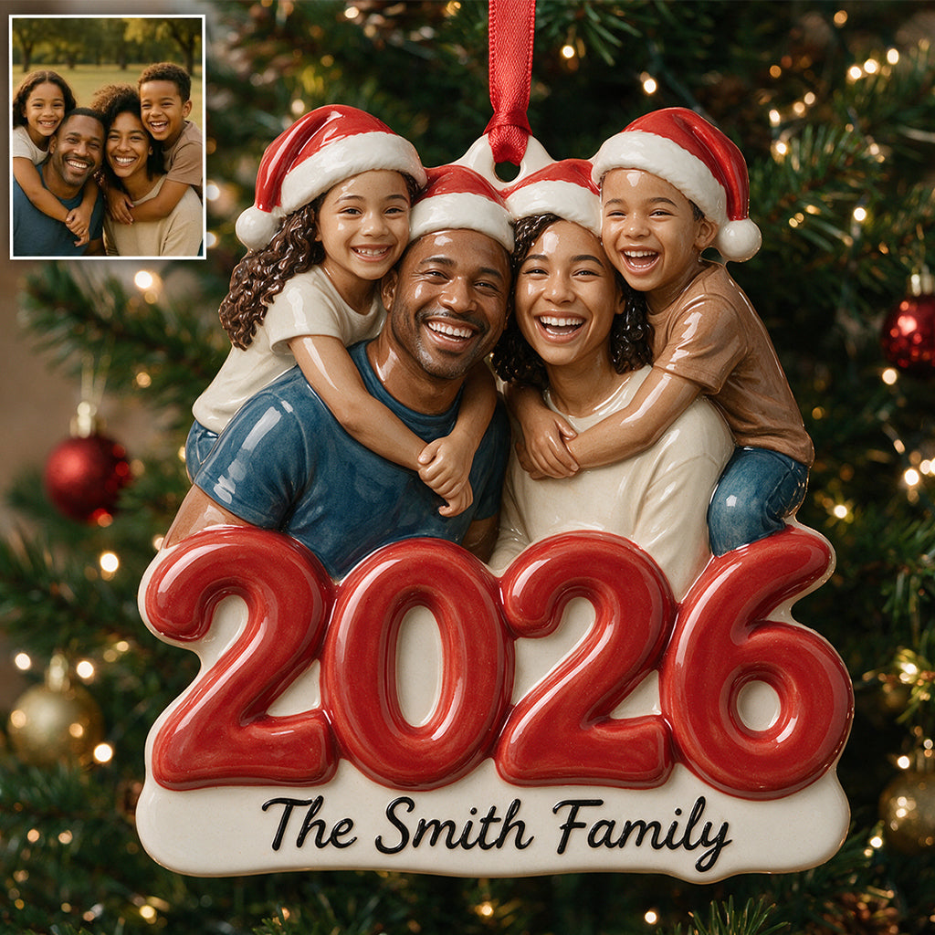 Custom Photo Christmas 2026 Black Family of Five 3D Ornament