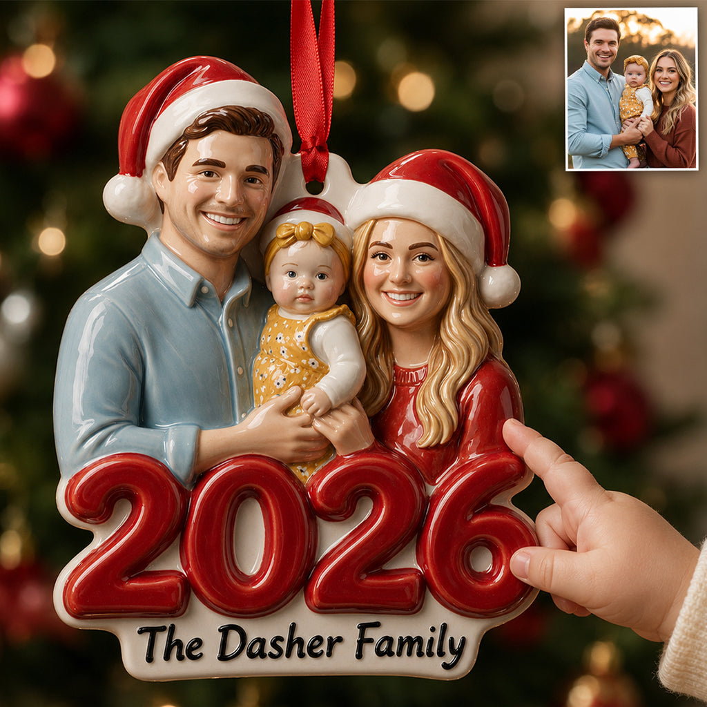 Custom Photo 2026 Christmas Black Family Of Three 3D Resin Ornament