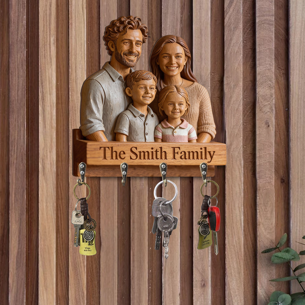 Personalized Latino Family of Four Wood Key Hanging Rack Home Decor Gift