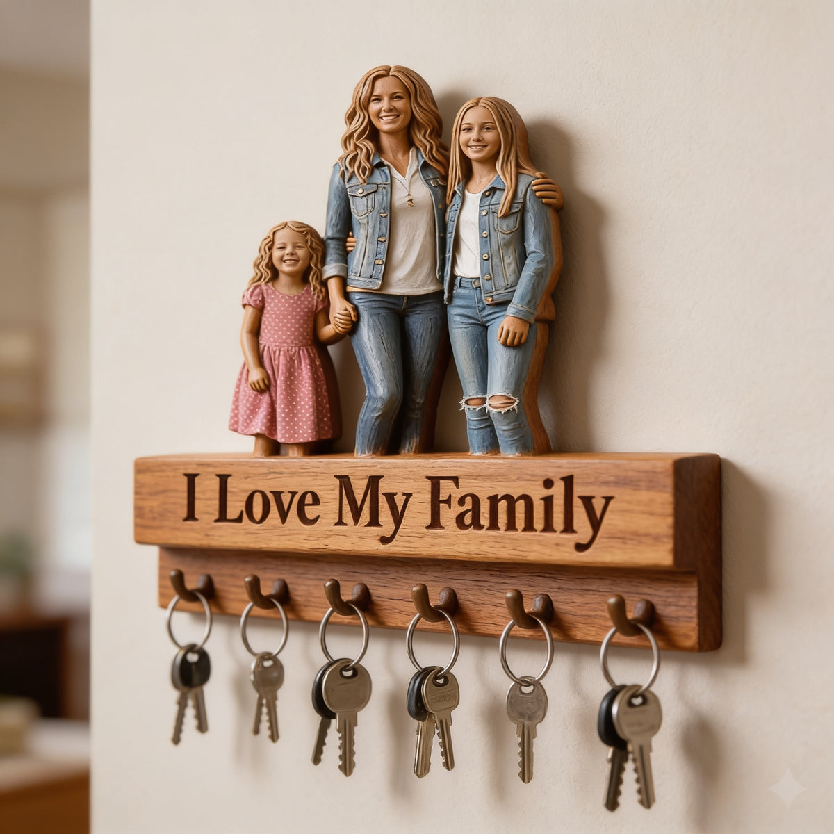 Personalized Single Mom Family Custom Shaped Wooden Key Holder Rack