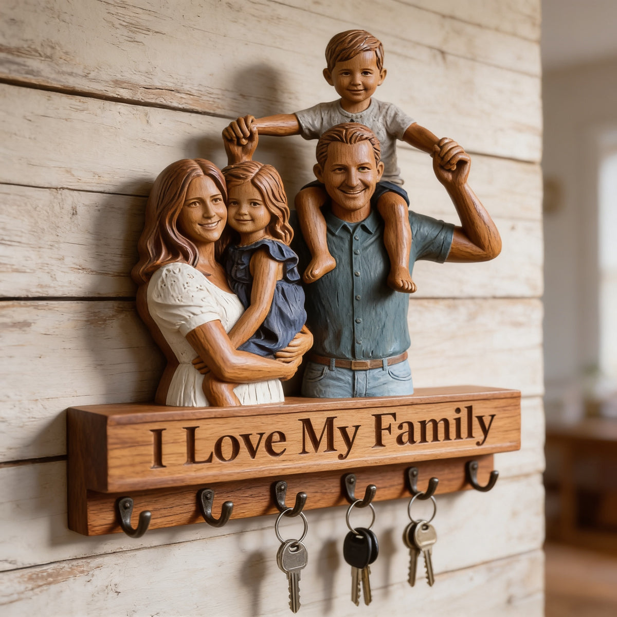 Personalized Family Of Four Wooden Hanging Key Rack Wall Organizer