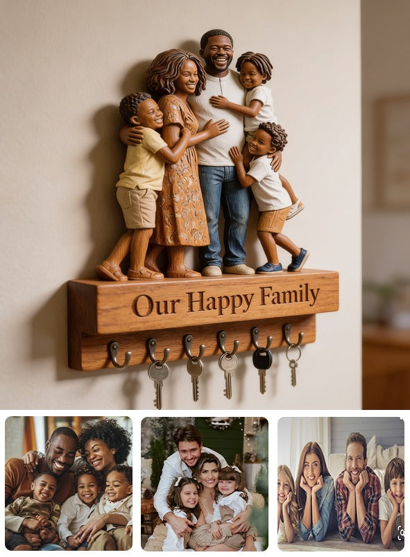 Personalized Black Family of Five Wooden Key Holder Hanging Rack Entryway Decor