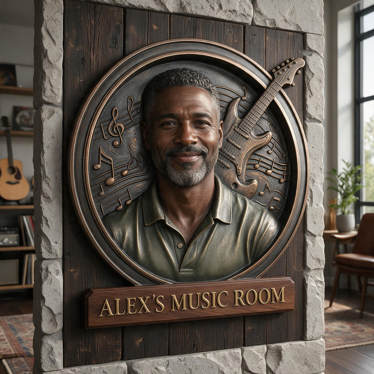 Custom Photo Middle-Aged Black Man Music Room 3D Cut Metal Sign Gift for Dad Husband