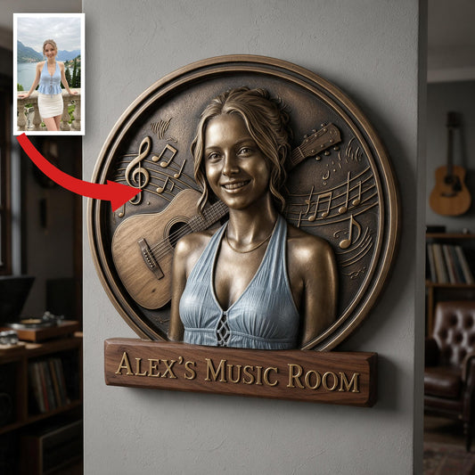 Personalisierte Foto Frau Musikzimmer Gitarre 3D Metall Schild Wanddekoration