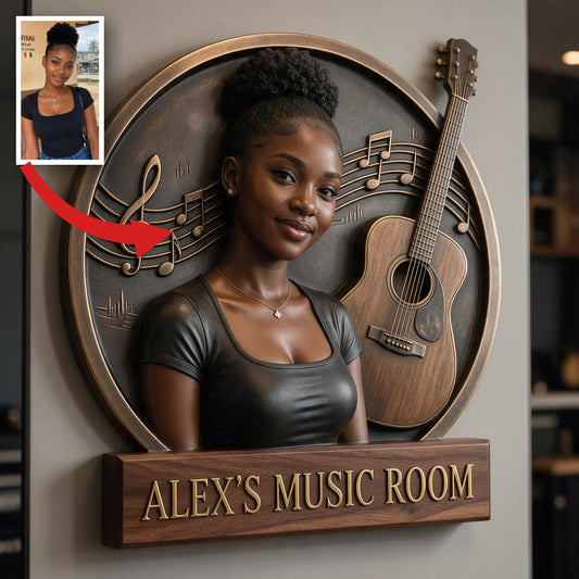 Personalisierte Foto Schwarze Frau Musik Gitarre 3D Metallzeichen Dekor