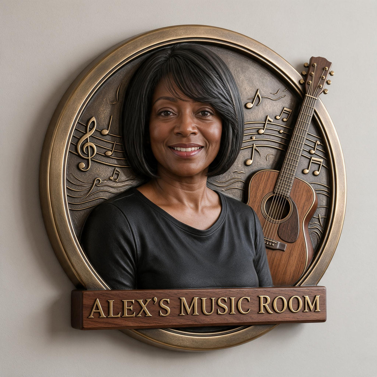 Custom Photo Middle-Aged Black Woman Music Room 3D Metal Sign Guitar Wall Decor