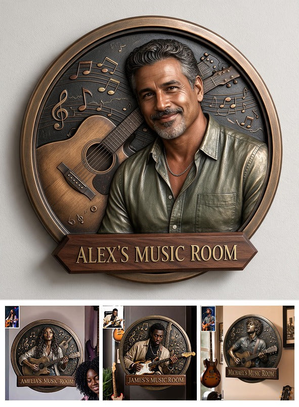 Custom Photo Middle-Aged Latino Man Music Room 3D Cut Metal Sign Gift for Dad Husband