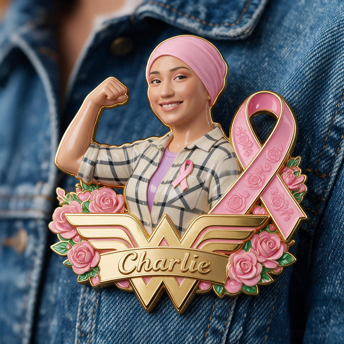 Personalized Latina Breast Cancer Woman 3D Embossed Enamel Pin Awareness Gift