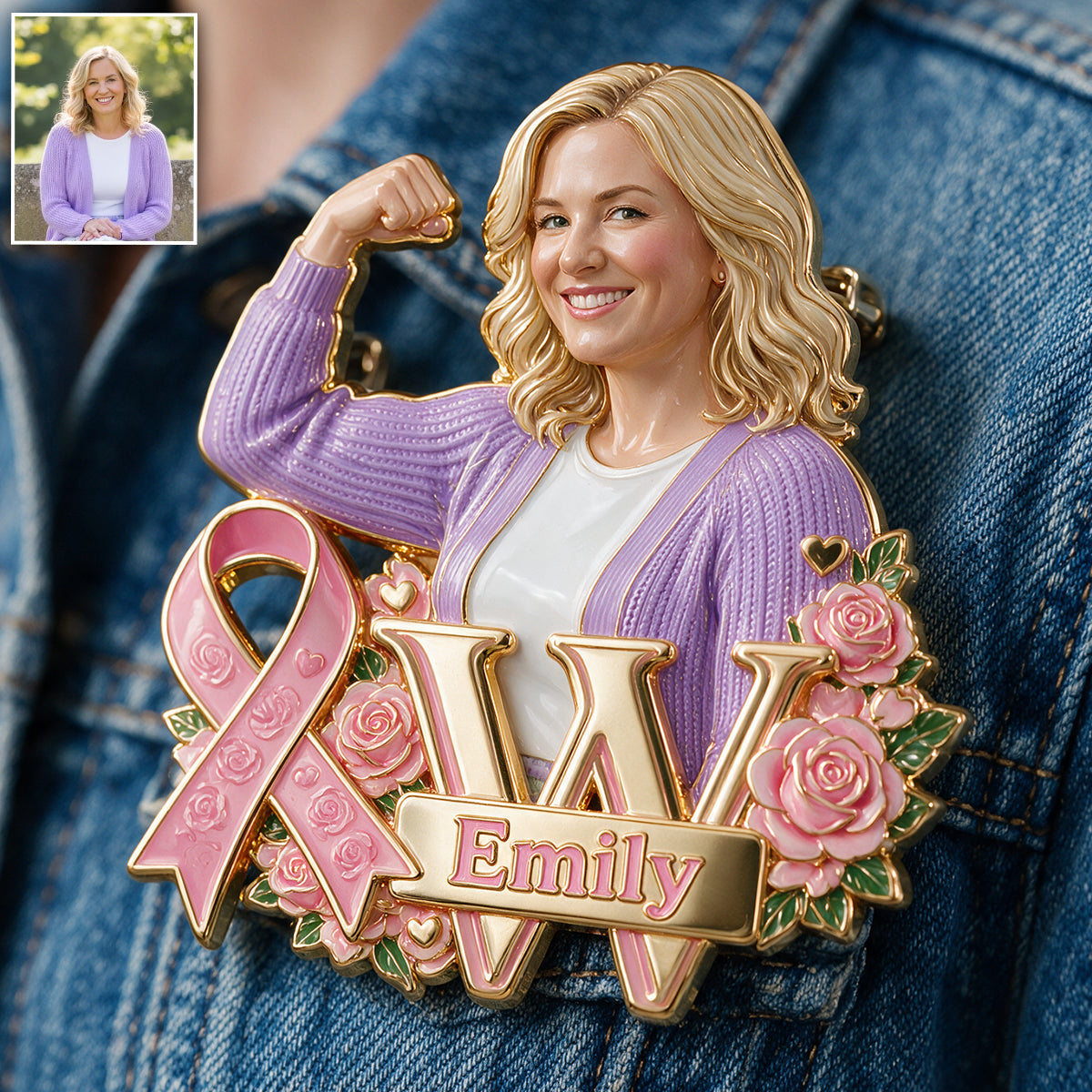 Personalized Breast Cancer Survivor Pink Headscarf 3D Embossed Enamel Pin
