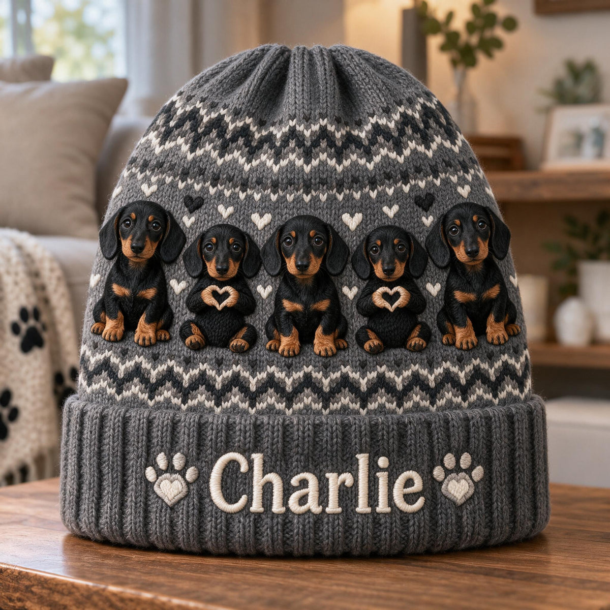 Personalized Black and Tan Dachshund Puppy Knit Beanie Hat Dog Lover Gift