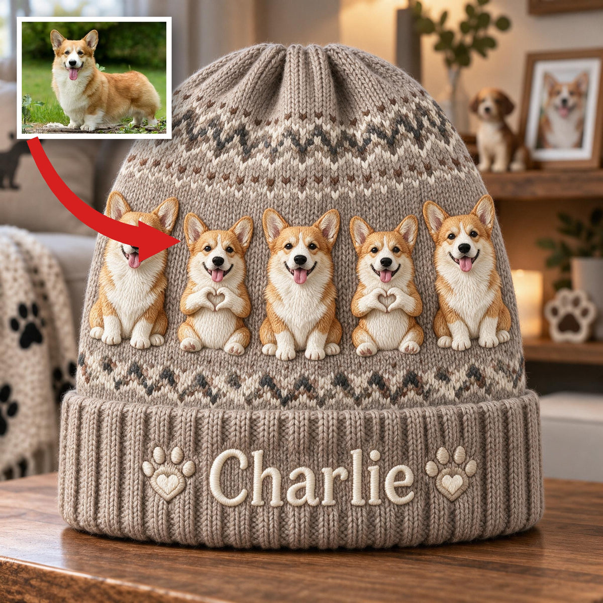 Personalized Tan and White Pembroke Welsh Corgi Beanie Hat Dog Lover Gift