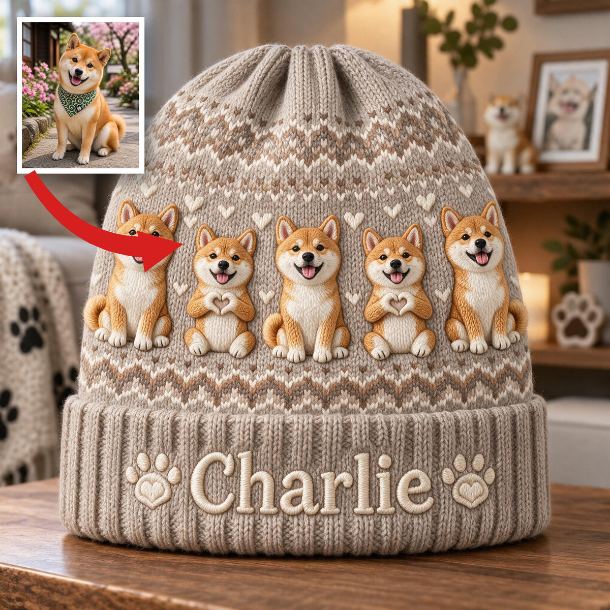 Personalized Tan and White Adult Shiba Inu Beanie Hat Dog Lover Gift