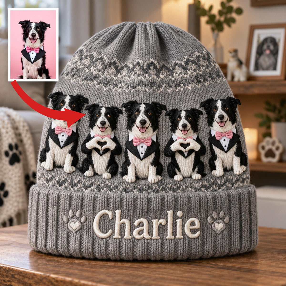 Personalized Black and White Border Collie Beanie Hat Dog Mom Winter Gift
