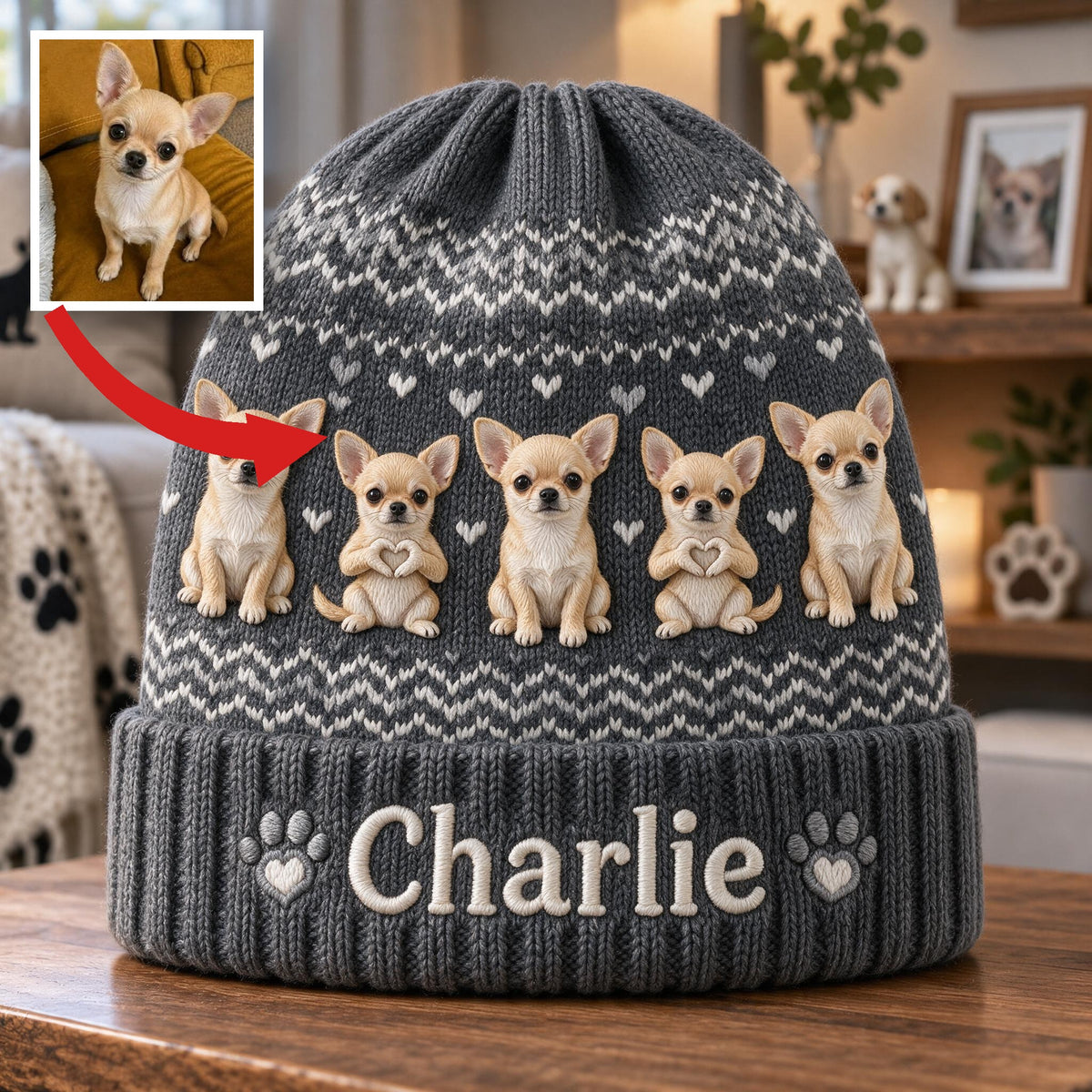 Personalized Fawn White Chihuahua Puppy Beanie Hat Dog Lover Gift