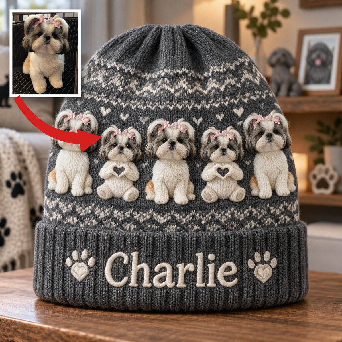 Personalized Fluffy Shih Tzu Beanie Hat Dog Lover Winter Gift