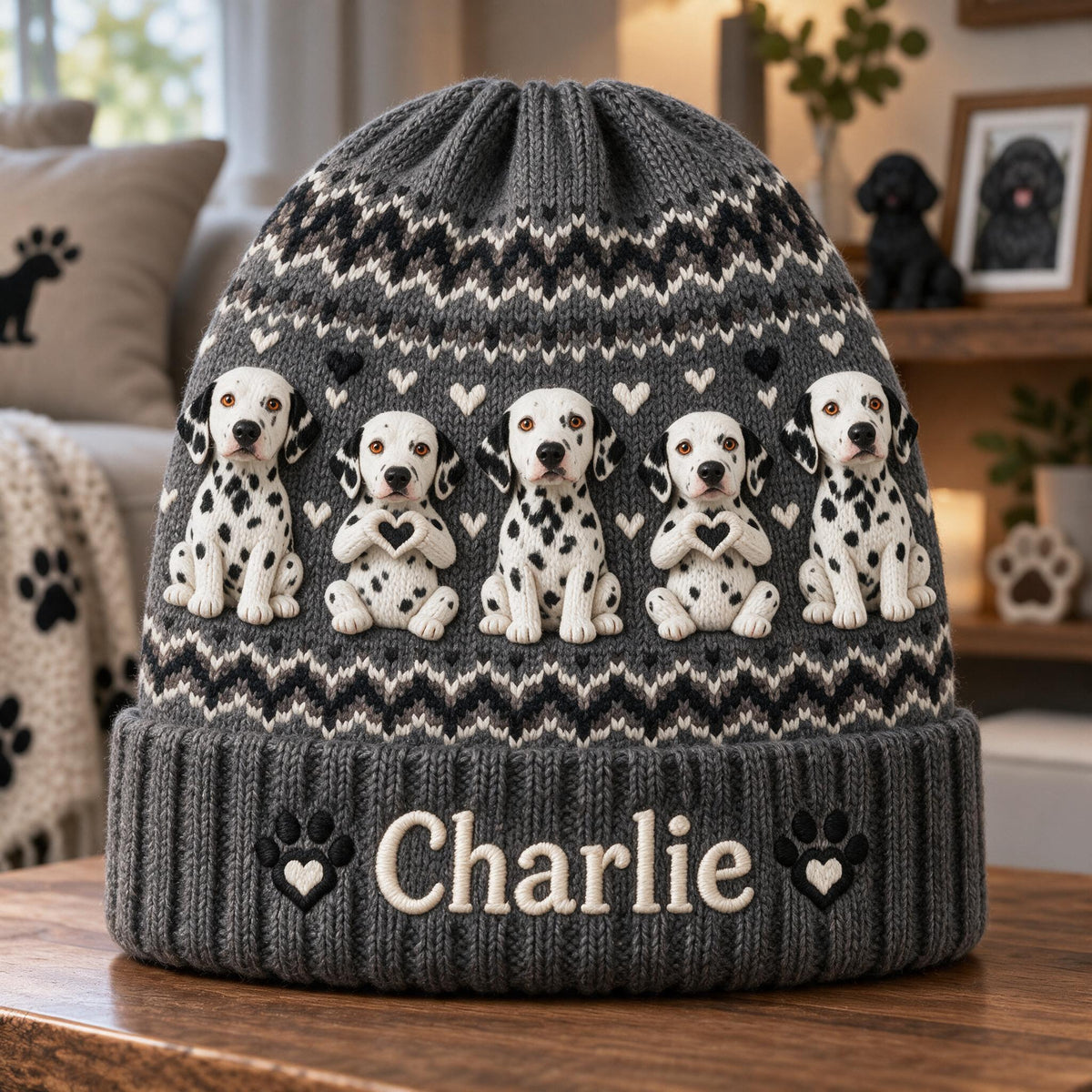 Personalized Black and White Spotted Dalmatian Beanie Hat Dog Lover Gift