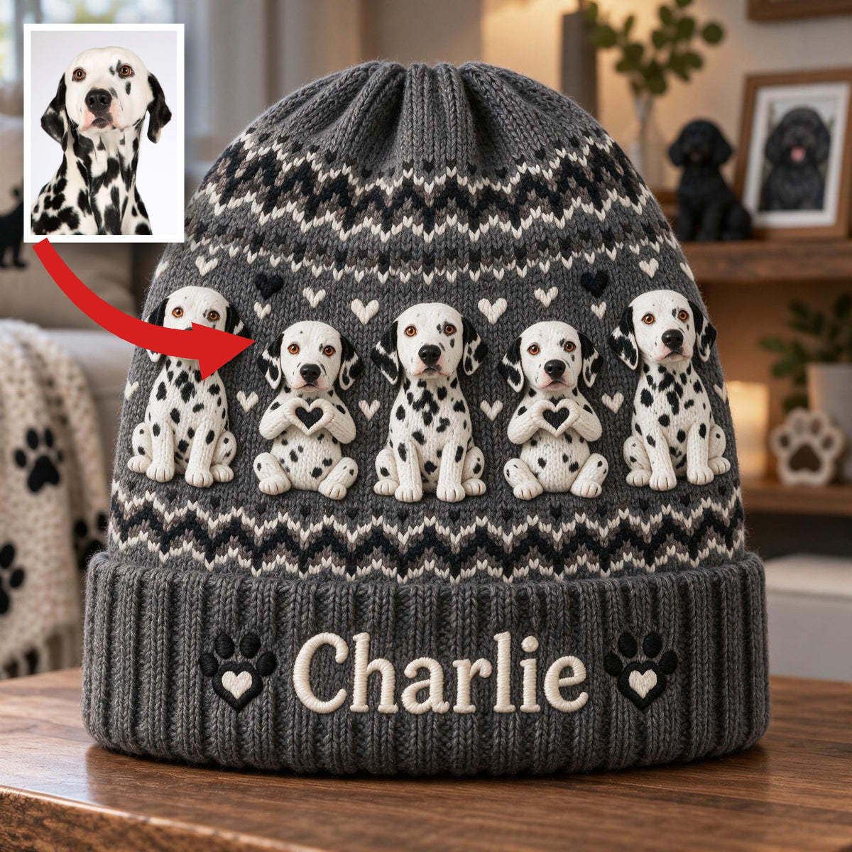 Personalized Black and White Spotted Dalmatian Beanie Hat Dog Lover Gift